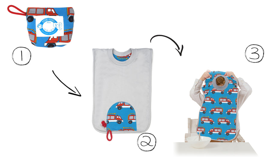 Pullover Weaning Bib with Carry Pocket - Organic Cotton,Oeko-Tex Certified, 6mo-4y, Firetruck design